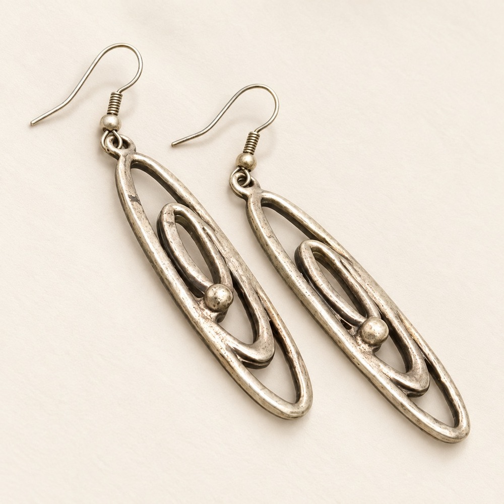 Silver Tone Abstract Swirl Openwork Long Dangle Drop Earrings Modernist 2.5"